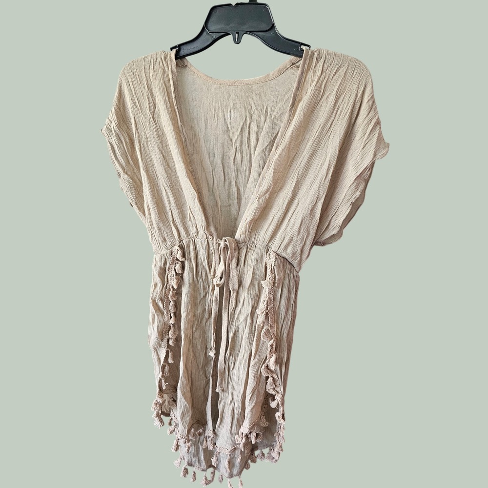 Unbranded Swim Cover-Up Women XS Beige Excellent Tassel Gauze Boho V-Neck